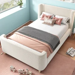 Redom Lit 90x200 cm tapissé velours beige, design luge avec tête rembourrée et motif spatial, cadre métal et bois* Lit Simple