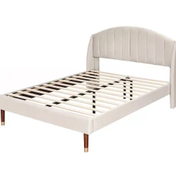 Redom Lit 140x200 cm tapissé velours beige avec tête de lit rembourrée et sommier à lattes en bois, style intemporel* Lit Double