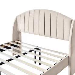 Redom Lit 140x200 cm tapissé velours beige avec tête de lit rembourrée et sommier à lattes en bois, style intemporel* Lit Double
