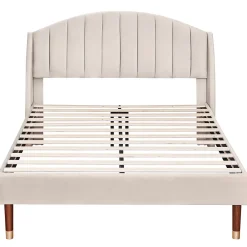 Redom Lit 140x200 cm tapissé velours beige avec tête de lit rembourrée et sommier à lattes en bois, style intemporel* Lit Double