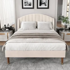 Redom Lit 140x200 cm tapissé velours beige avec tête de lit rembourrée et sommier à lattes en bois, style intemporel* Lit Double