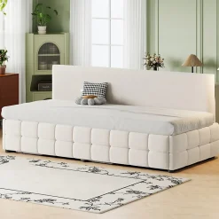 Lit 90x200 cm tapissé velours beige avec rangement hydraulique, dossier sans accoudoirs, motif carreaux discret>Redom Outlet