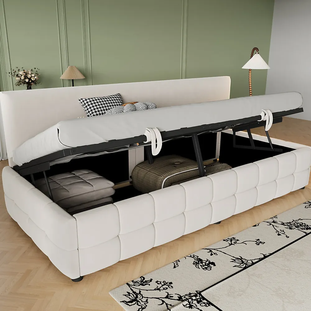 Lit 90x200 cm tapissé velours beige avec rangement hydraulique, dossier sans accoudoirs, motif carreaux discret>Redom Outlet