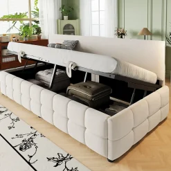 Lit 90x200 cm tapissé velours beige avec rangement hydraulique, dossier sans accoudoirs, motif carreaux discret><noscript><img width=