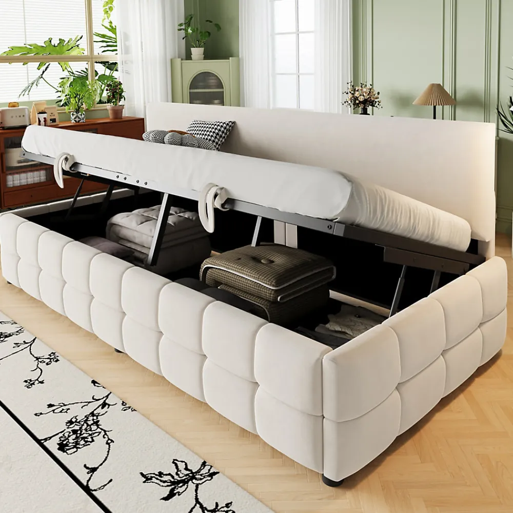 Lit 90x200 cm tapissé velours beige avec rangement hydraulique, dossier sans accoudoirs, motif carreaux discret>Redom Outlet
