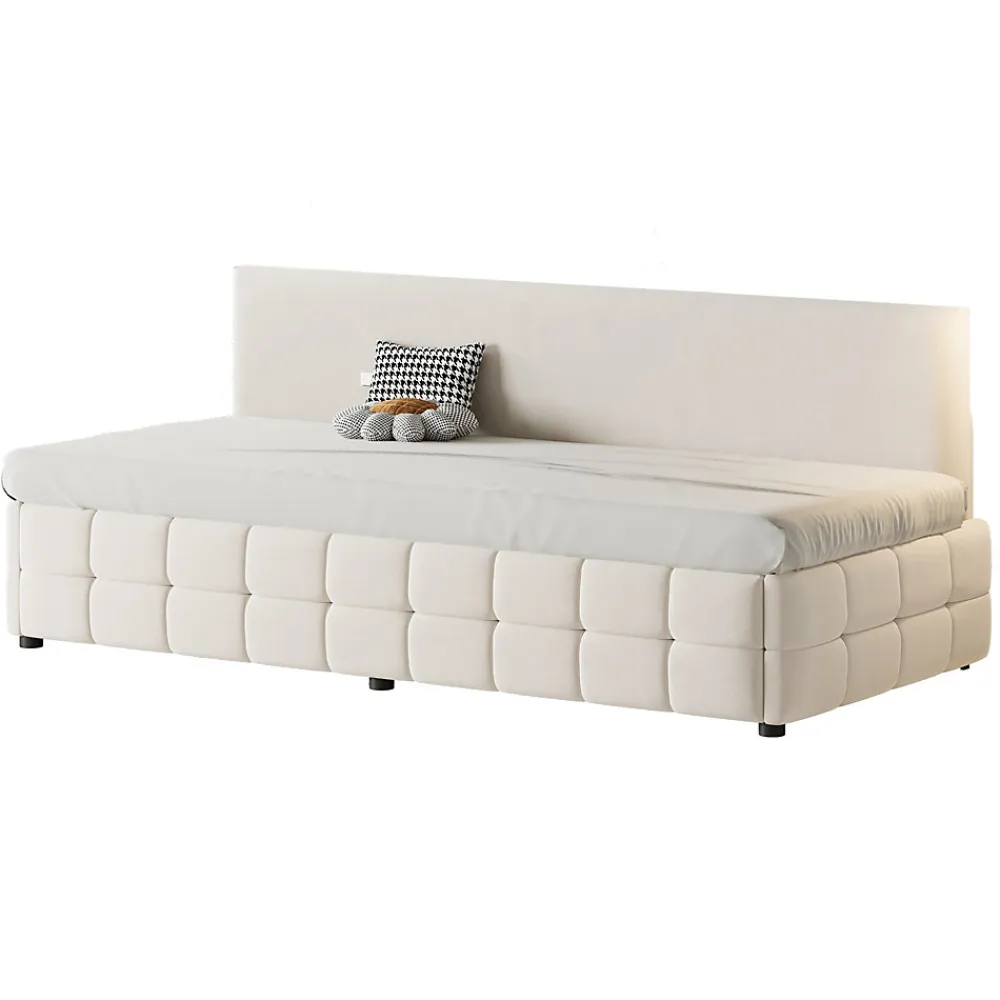 Lit 90x200 cm tapissé velours beige avec rangement hydraulique, dossier sans accoudoirs, motif carreaux discret>Redom Outlet