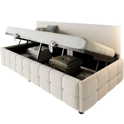 Lit 90x200 cm tapissé velours beige avec rangement hydraulique, dossier sans accoudoirs, motif carreaux discret><noscript><img width=