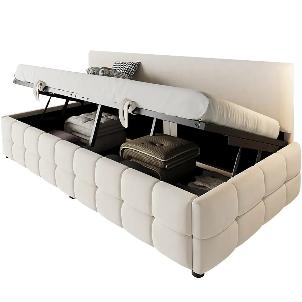 Lit 90x200 cm tapissé velours beige avec rangement hydraulique, dossier sans accoudoirs, motif carreaux discret>Redom Outlet