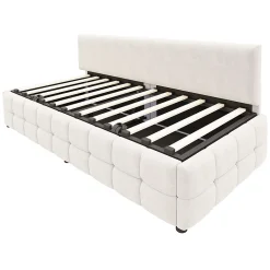 Lit 90x200 cm tapissé velours beige avec rangement hydraulique, dossier sans accoudoirs, motif carreaux discret><noscript><img width=