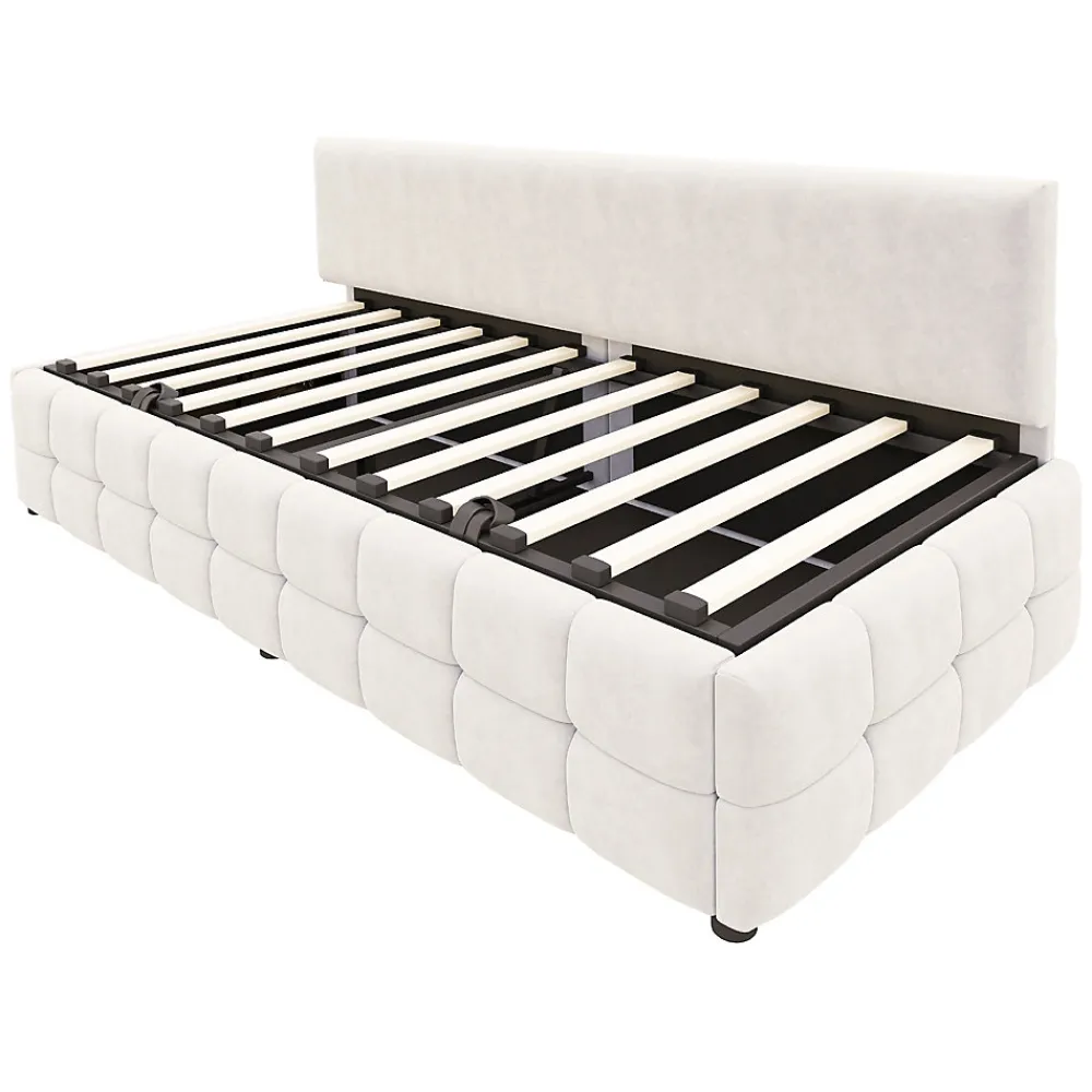 Lit 90x200 cm tapissé velours beige avec rangement hydraulique, dossier sans accoudoirs, motif carreaux discret>Redom Outlet