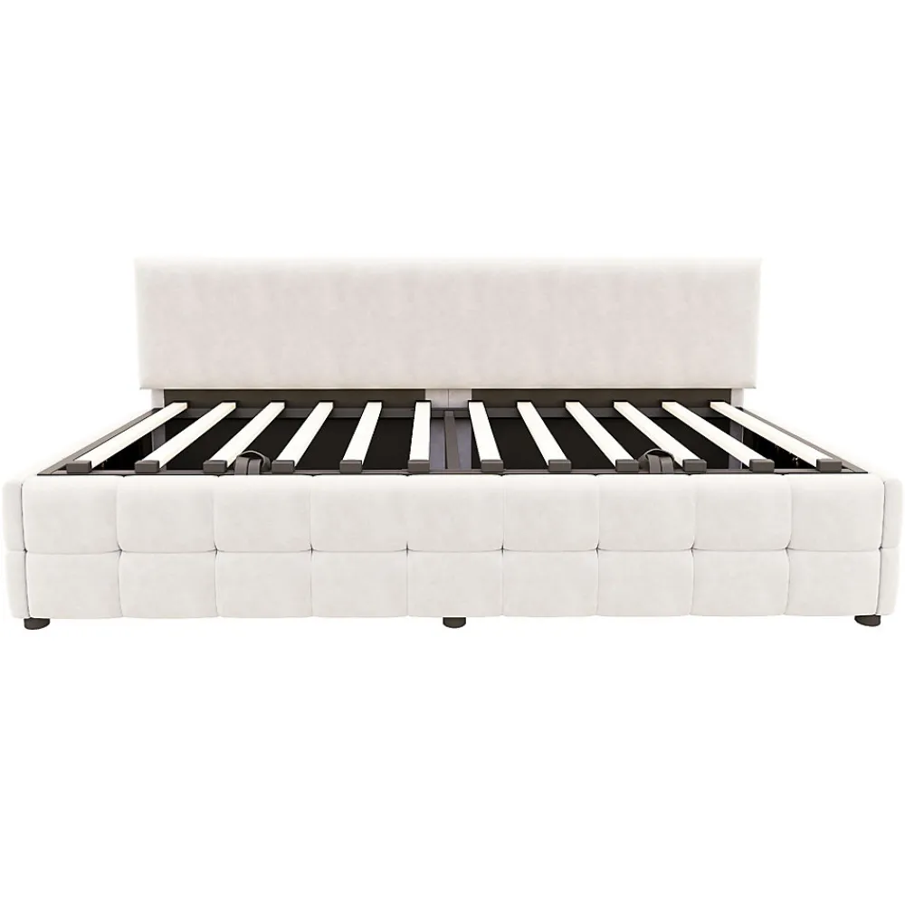 Lit 90x200 cm tapissé velours beige avec rangement hydraulique, dossier sans accoudoirs, motif carreaux discret>Redom Outlet