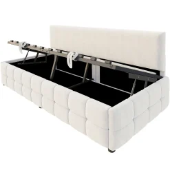 Lit 90x200 cm tapissé velours beige avec rangement hydraulique, dossier sans accoudoirs, motif carreaux discret><noscript><img width=