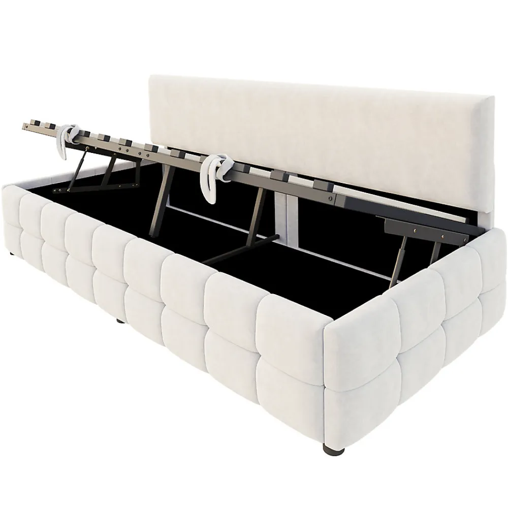 Lit 90x200 cm tapissé velours beige avec rangement hydraulique, dossier sans accoudoirs, motif carreaux discret>Redom Outlet