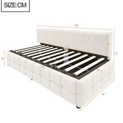 Lit 90x200 cm tapissé velours beige avec rangement hydraulique, dossier sans accoudoirs, motif carreaux discret><noscript><img width=