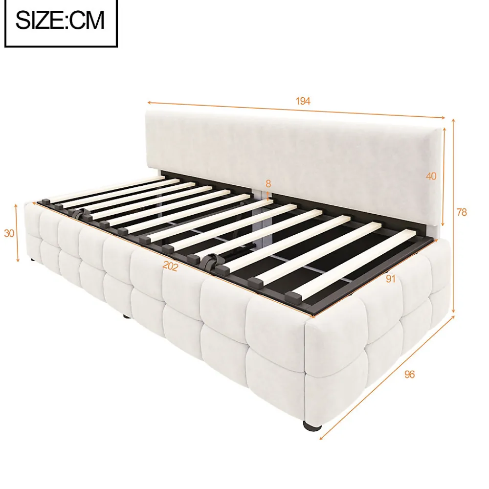 Lit 90x200 cm tapissé velours beige avec rangement hydraulique, dossier sans accoudoirs, motif carreaux discret>Redom Outlet