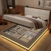 Lit 140x200 cm tapissé velours beige avec coffre XXL, tête de lit 3 positions et éclairage LED>Redom Sale