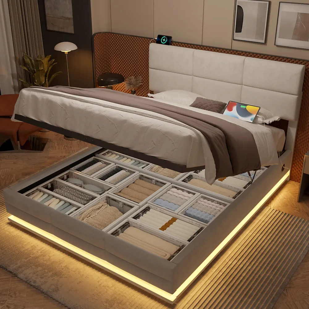 Lit 140x200 cm tapissé velours beige avec coffre XXL, tête de lit 3 positions et éclairage LED>Redom Sale