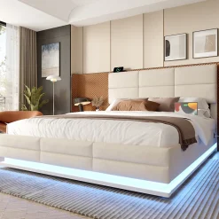 Lit 140x200 cm tapissé velours beige avec coffre XXL, tête de lit 3 positions et éclairage LED>Redom Sale
