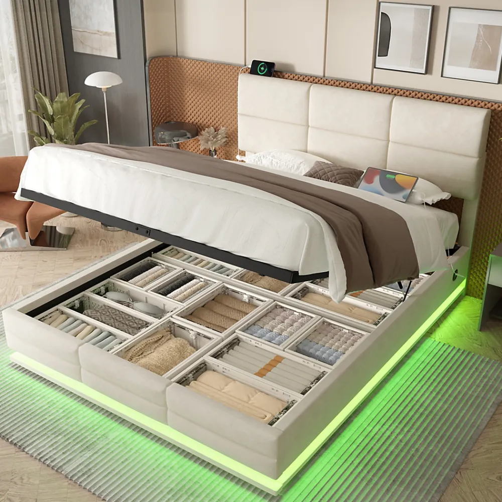 Lit 140x200 cm tapissé velours beige avec coffre XXL, tête de lit 3 positions et éclairage LED>Redom Sale