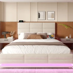 Lit 140x200 cm tapissé velours beige avec coffre XXL, tête de lit 3 positions et éclairage LED><noscript><img width=