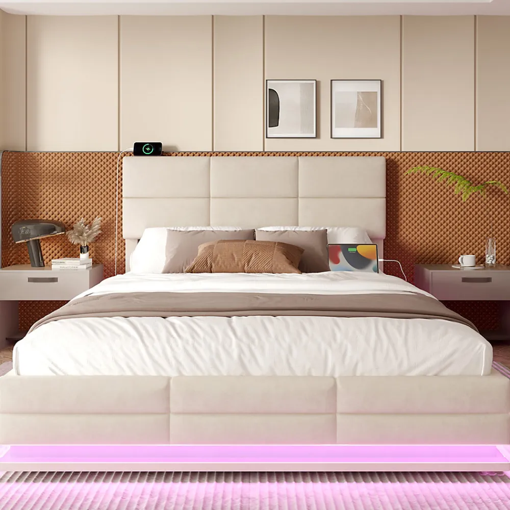 Lit 140x200 cm tapissé velours beige avec coffre XXL, tête de lit 3 positions et éclairage LED>Redom Sale