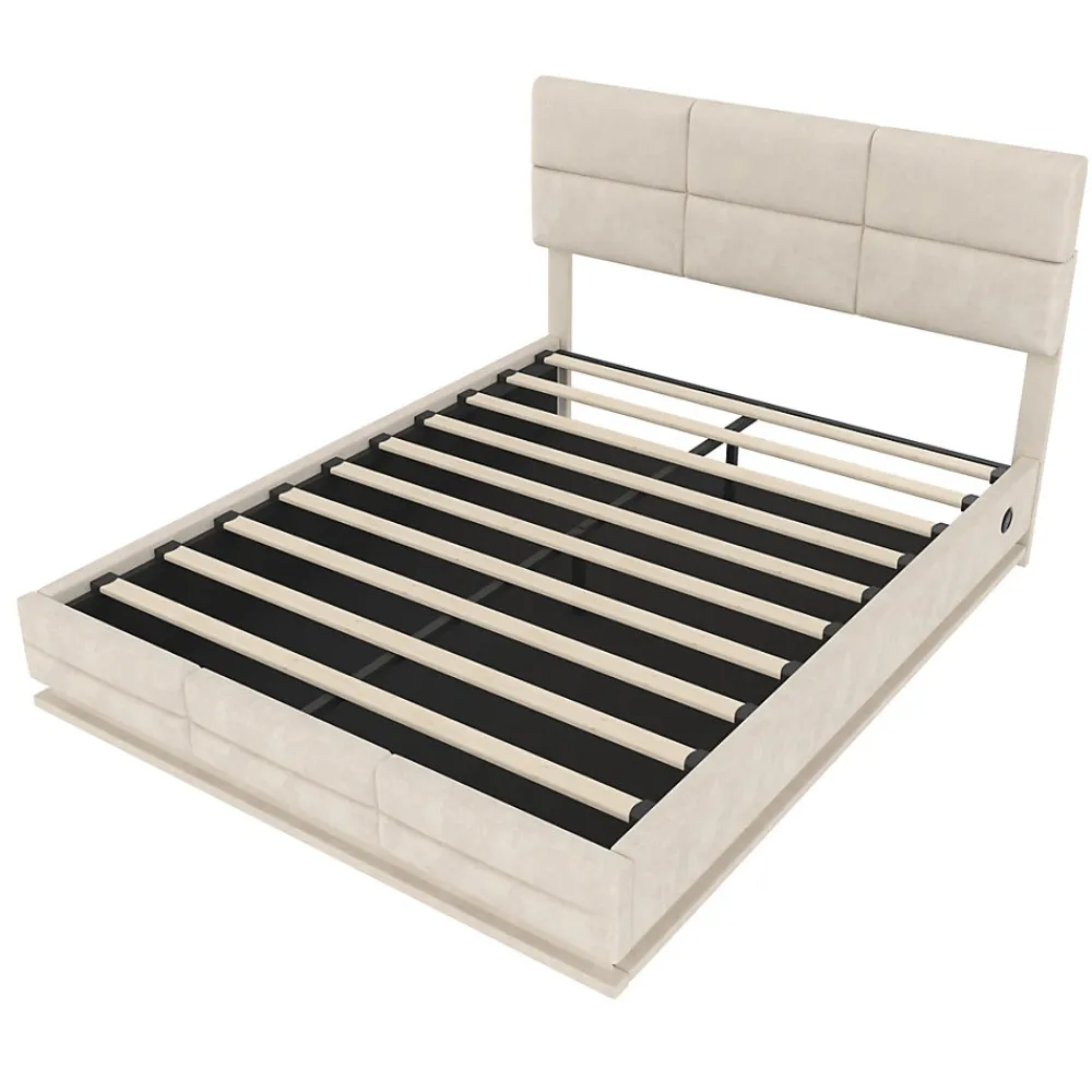 Lit 140x200 cm tapissé velours beige avec coffre XXL, tête de lit 3 positions et éclairage LED>Redom Sale