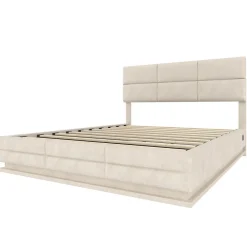 Lit 140x200 cm tapissé velours beige avec coffre XXL, tête de lit 3 positions et éclairage LED><noscript><img width=