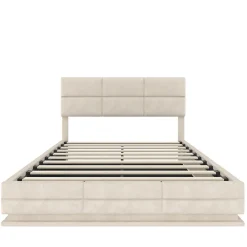Lit 140x200 cm tapissé velours beige avec coffre XXL, tête de lit 3 positions et éclairage LED><noscript><img width=