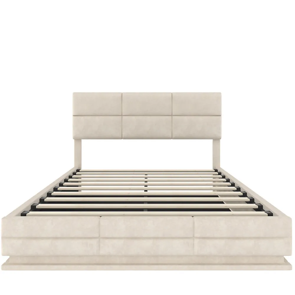 Lit 140x200 cm tapissé velours beige avec coffre XXL, tête de lit 3 positions et éclairage LED>Redom Sale