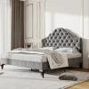 Lit 140x200 cm tapissé velours gris avec tête rembourrée et lattes en bois, design élégant>Redom Outlet