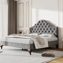 Lit 140x200 cm tapissé velours gris avec tête rembourrée et lattes en bois, design élégant>Redom Outlet