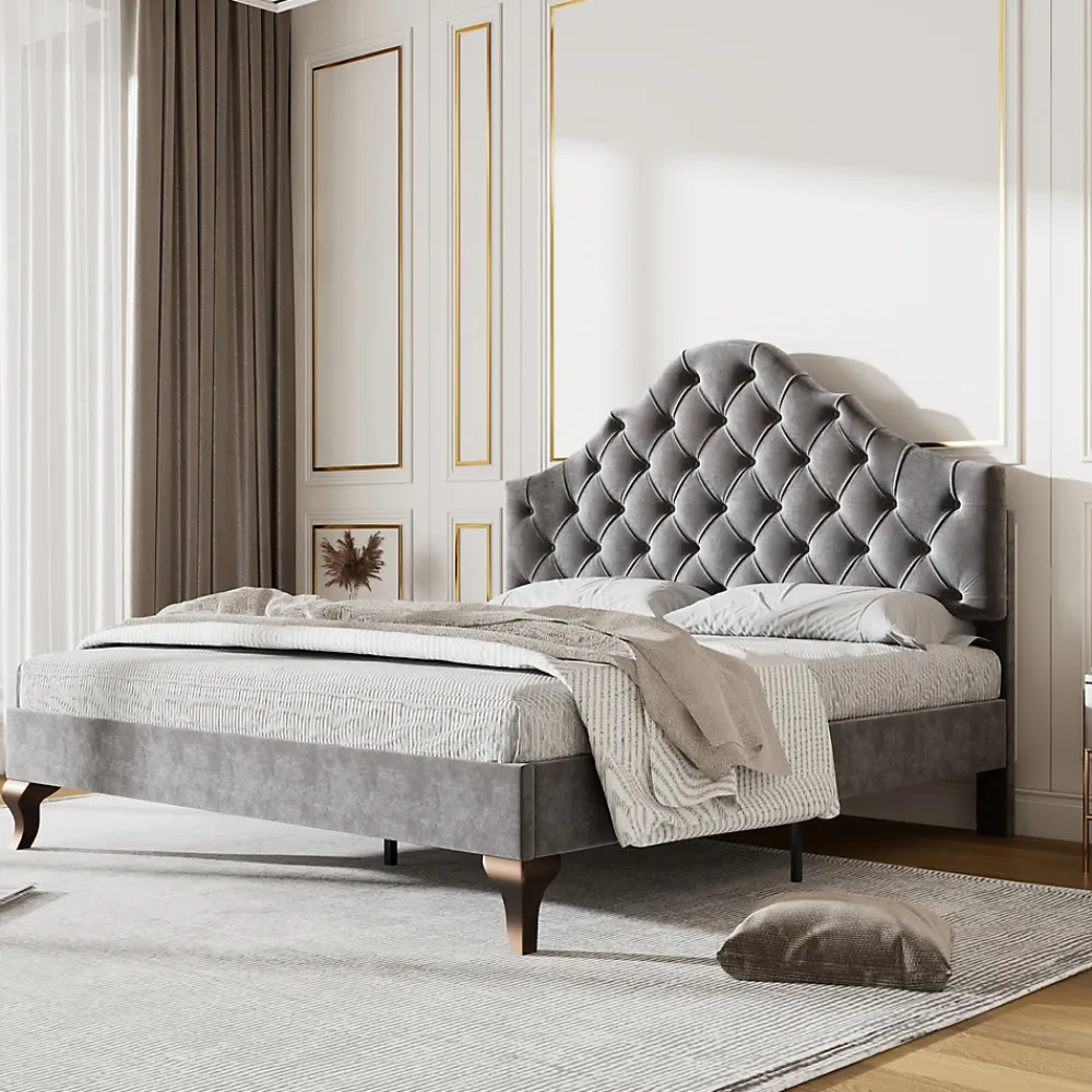 Lit 140x200 cm tapissé velours gris avec tête rembourrée et lattes en bois, design élégant>Redom Outlet