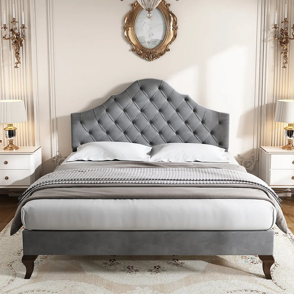 Lit 140x200 cm tapissé velours gris avec tête rembourrée et lattes en bois, design élégant>Redom Outlet
