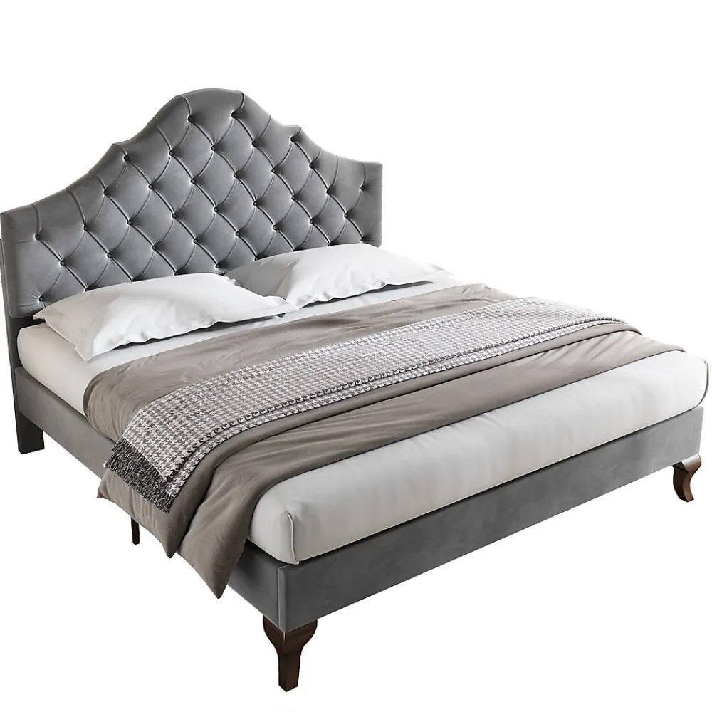 Lit 140x200 cm tapissé velours gris avec tête rembourrée et lattes en bois, design élégant>Redom Outlet