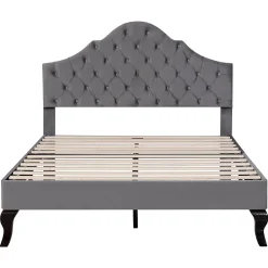 Lit 140x200 cm tapissé velours gris avec tête rembourrée et lattes en bois, design élégant><noscript><img width=