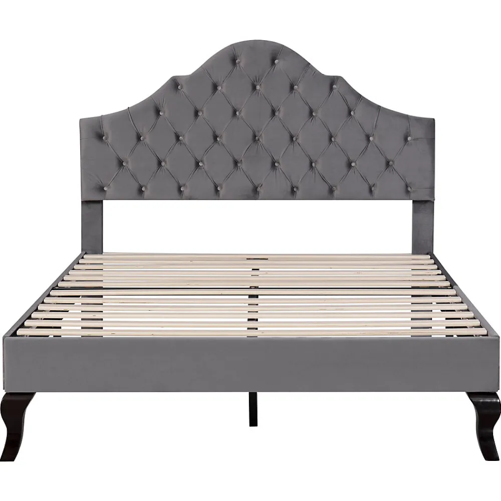 Lit 140x200 cm tapissé velours gris avec tête rembourrée et lattes en bois, design élégant>Redom Outlet