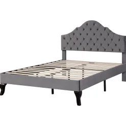 Lit 140x200 cm tapissé velours gris avec tête rembourrée et lattes en bois, design élégant><noscript><img width=