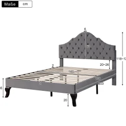 Lit 140x200 cm tapissé velours gris avec tête rembourrée et lattes en bois, design élégant><noscript><img width=