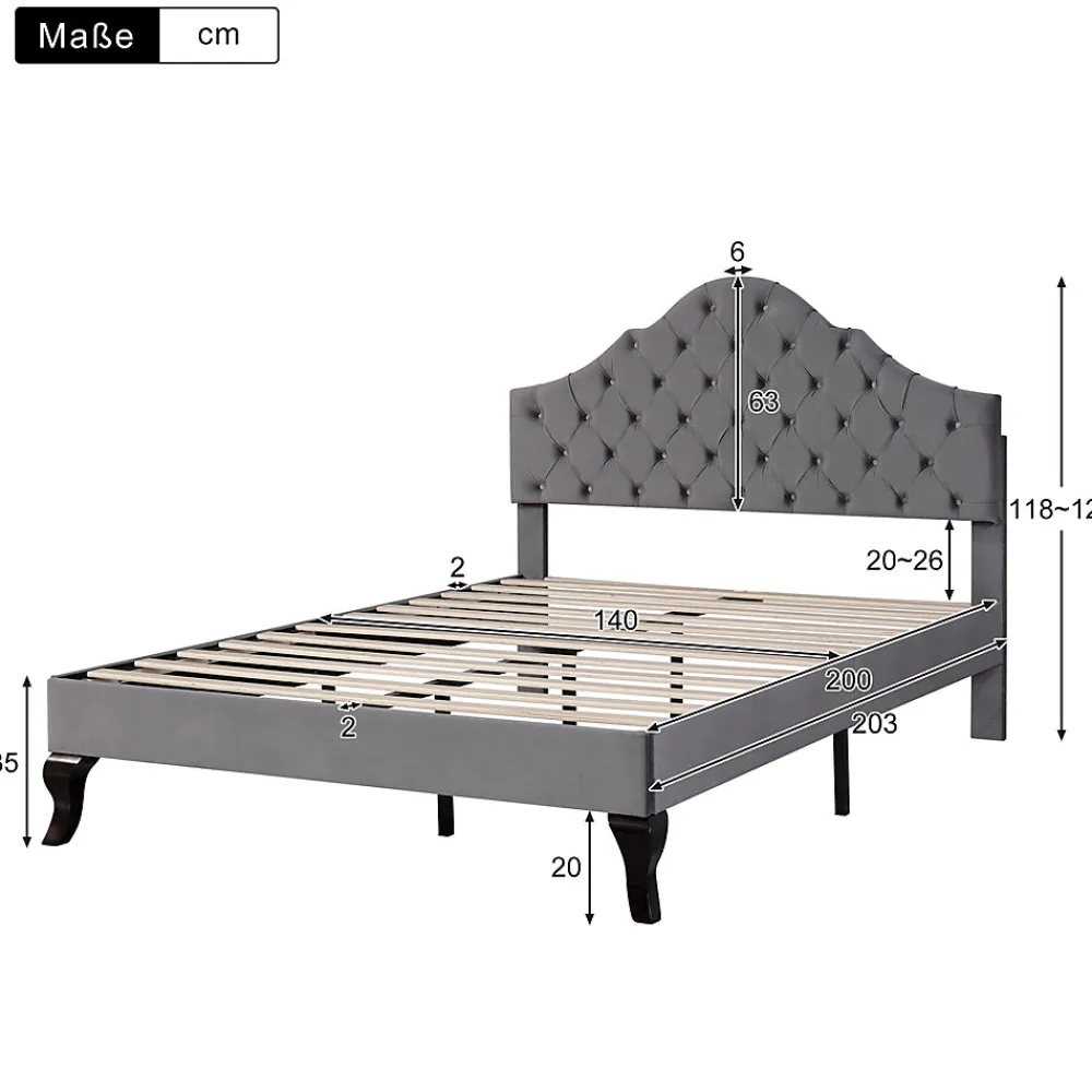 Lit 140x200 cm tapissé velours gris avec tête rembourrée et lattes en bois, design élégant>Redom Outlet
