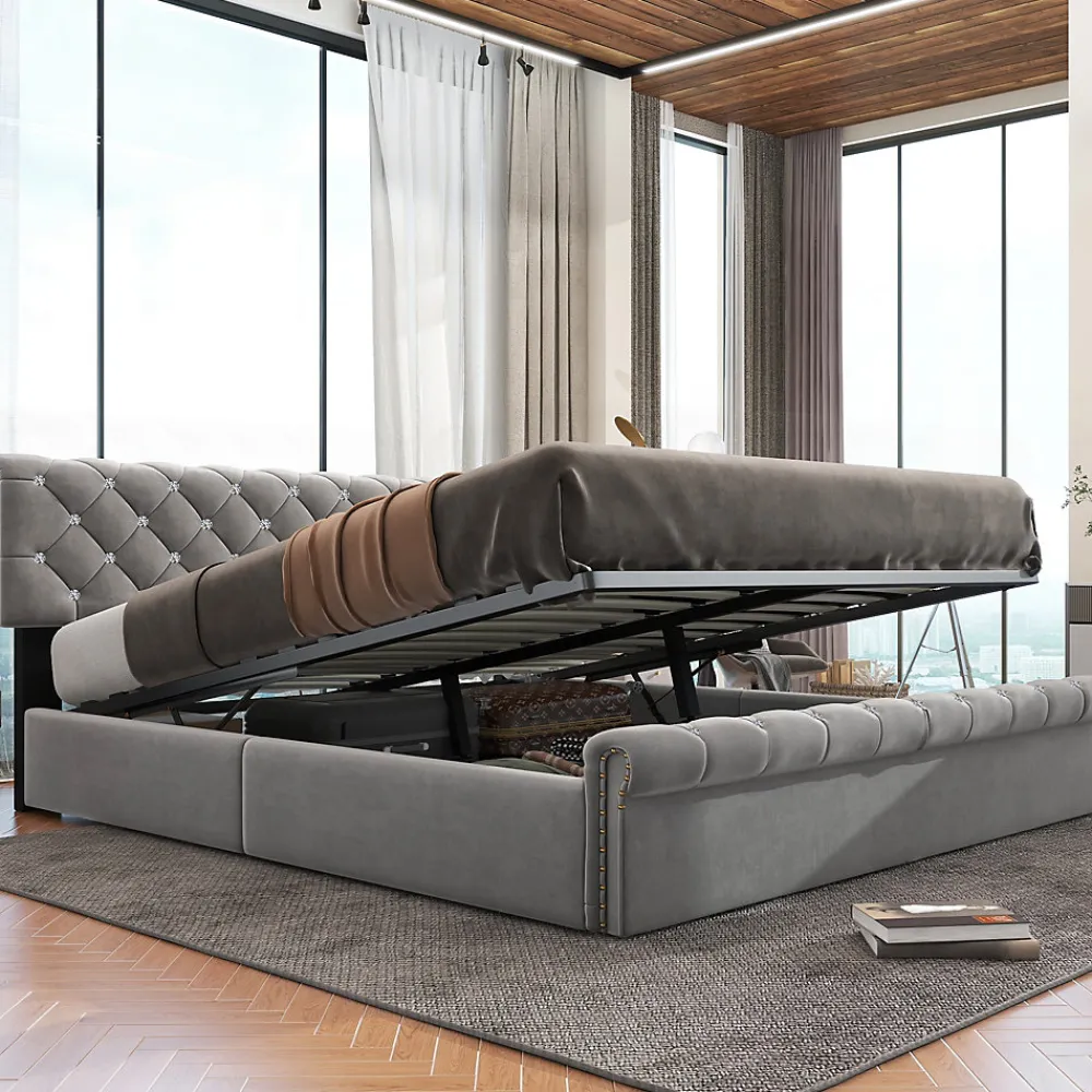 Redom Lit 180x200 cm tapissé velours gris avec tête de lit réglable, sommier à lattes et grand coffre de rangement* Lit Avec Rangement
