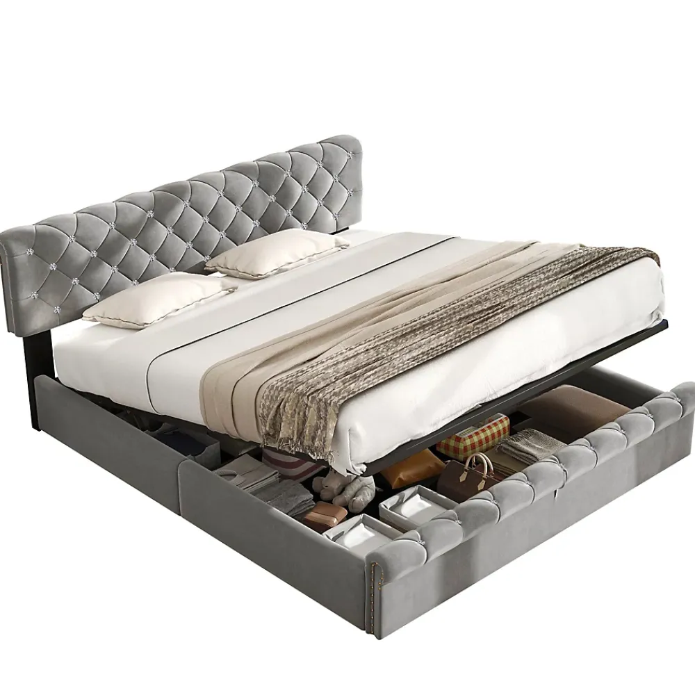 Redom Lit 180x200 cm tapissé velours gris avec tête de lit réglable, sommier à lattes et grand coffre de rangement* Lit Avec Rangement
