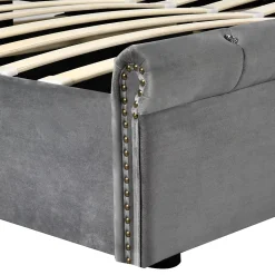 Redom Lit 180x200 cm tapissé velours gris avec tête de lit réglable, sommier à lattes et grand coffre de rangement* Lit Avec Rangement