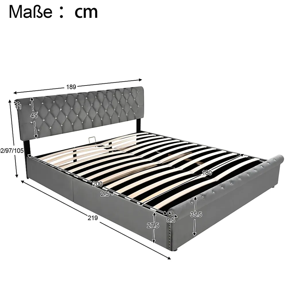 Redom Lit 180x200 cm tapissé velours gris avec tête de lit réglable, sommier à lattes et grand coffre de rangement* Lit Avec Rangement