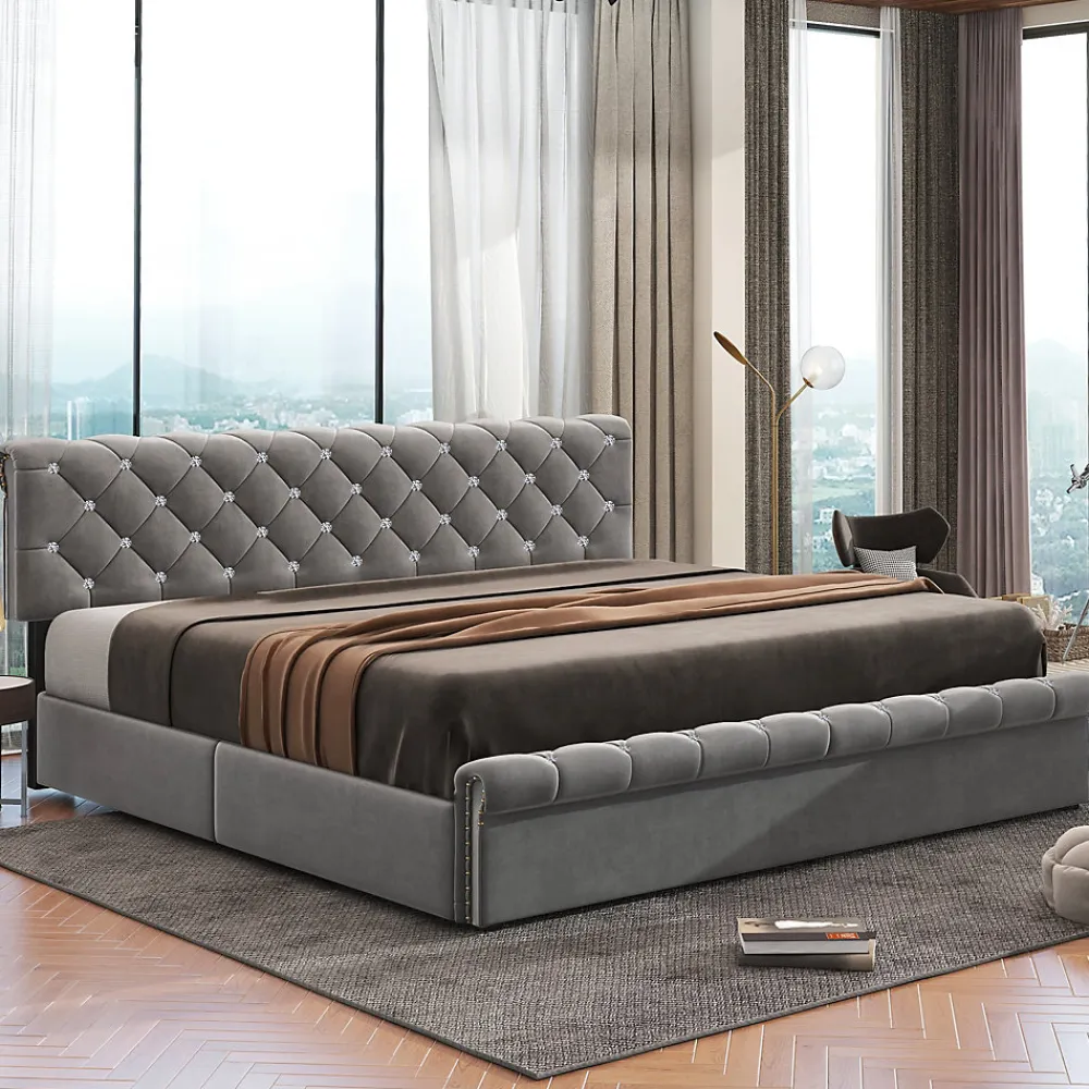 Redom Lit 180x200 cm tapissé velours gris avec tête de lit réglable, sommier à lattes et grand coffre de rangement* Lit Avec Rangement