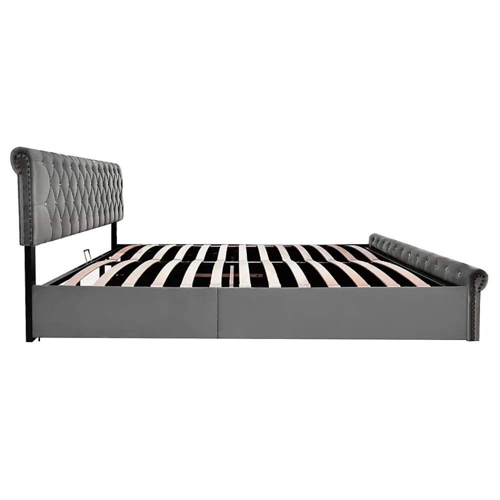 Redom Lit 180x200 cm tapissé velours gris avec tête de lit réglable, sommier à lattes et grand coffre de rangement* Lit Avec Rangement