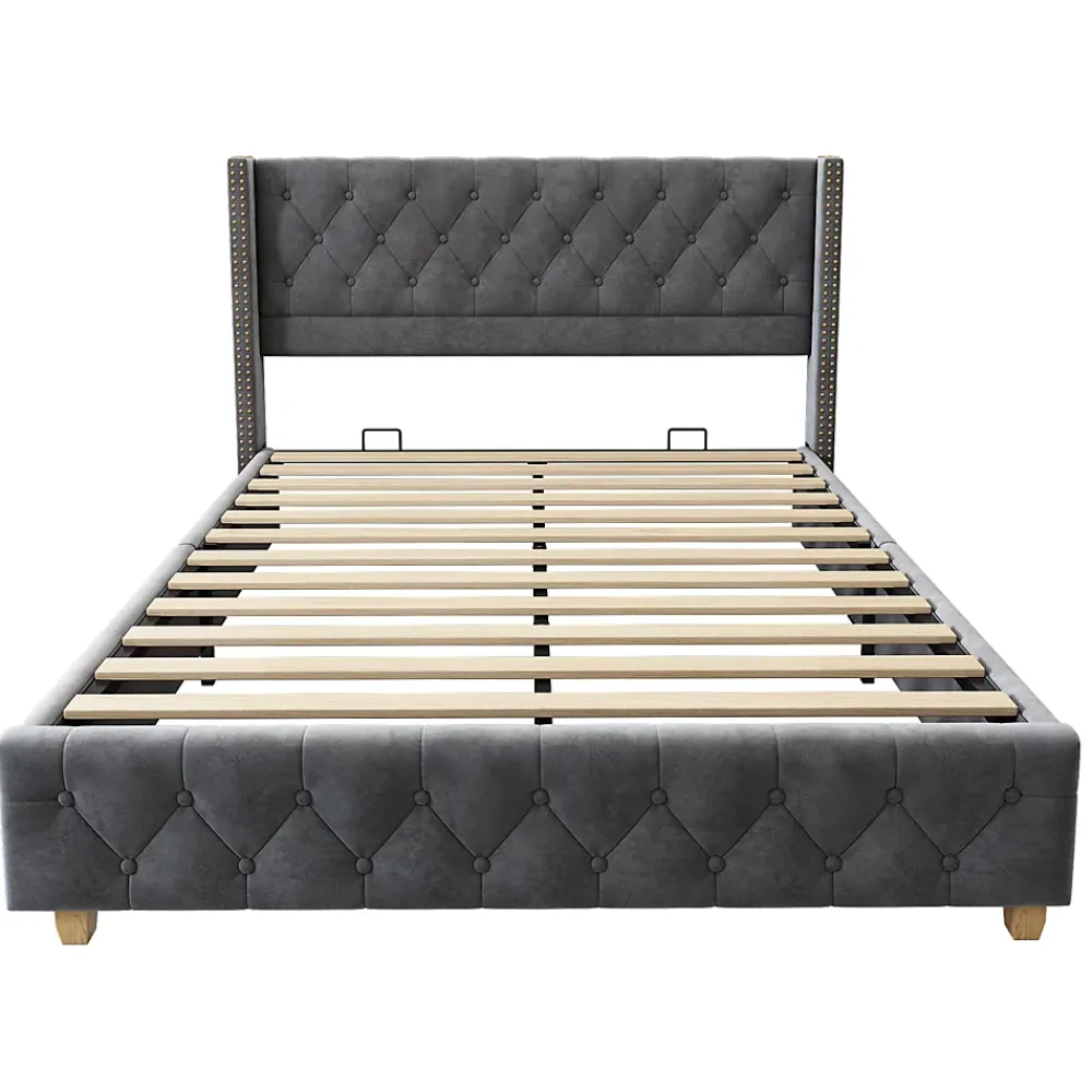 Redom Lit 160x200 cm tapissé velours gris avec tête capitonnée, ornements clous et pieds en bois robustes* Lit Double