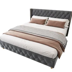 Redom Lit 160x200 cm tapissé velours gris avec tête capitonnée, ornements clous et pieds en bois robustes* Lit Double
