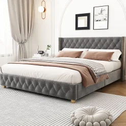 Redom Lit 160x200 cm tapissé velours gris avec tête capitonnée, ornements clous et pieds en bois robustes* Lit Double