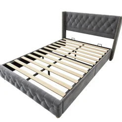 Redom Lit 160x200 cm tapissé velours gris avec tête capitonnée, ornements clous et pieds en bois robustes* Lit Double