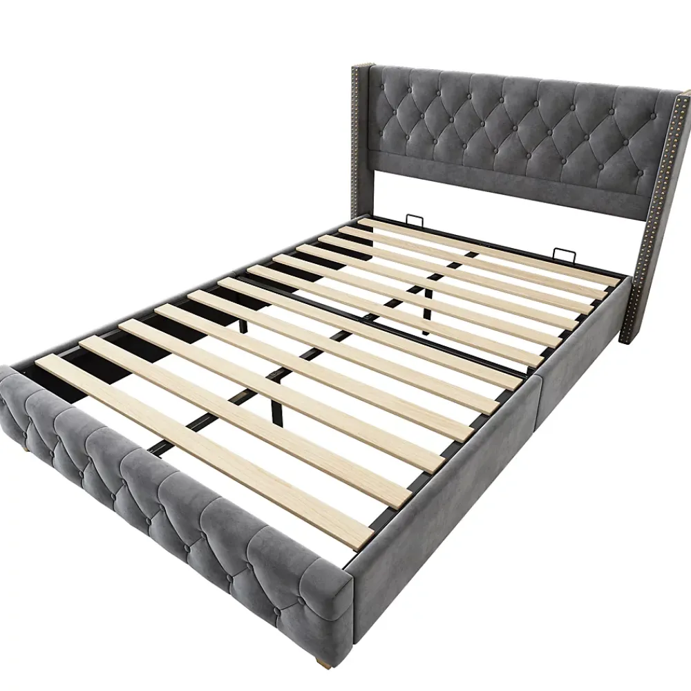 Redom Lit 160x200 cm tapissé velours gris avec tête capitonnée, ornements clous et pieds en bois robustes* Lit Double